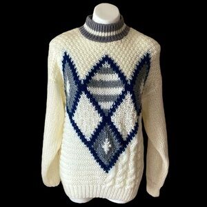 Vintage J T Beckett Blue Gray Beige Argyle Chunky Knit Pullover Sweater Unisex